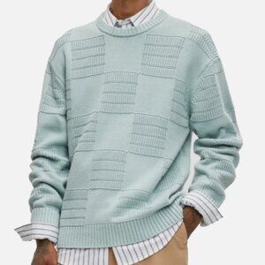 Mode of One Men's Long-Sleeve Relaxed-Fit Textured Check Sweater Blue Fin XXL